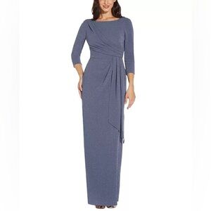 Adrianna Papell Blue Formal Gathered-Waist Metallic Sparkle Threaded Gown 4